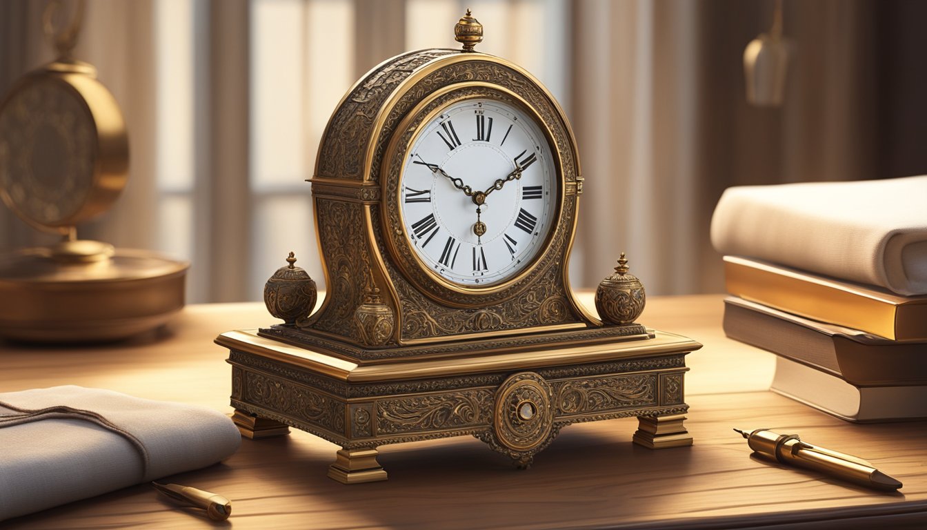 A handcrafted antique clock sits on a polished wooden table, surrounded by delicate tools and a soft cloth. A warm light illuminates the scene, casting a gentle glow on the intricate details of the timepiece