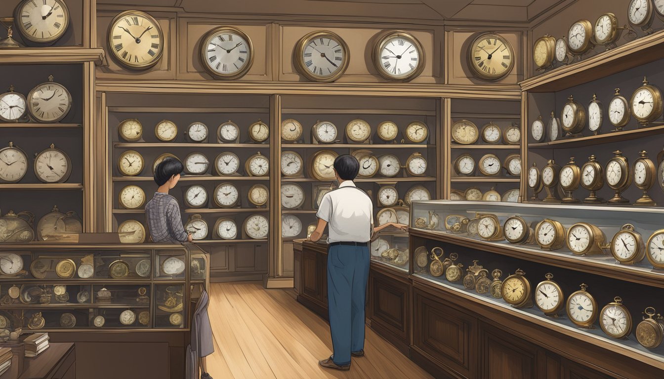 A vintage clock shop in Singapore, with shelves of antique timepieces and a customer browsing through the collection