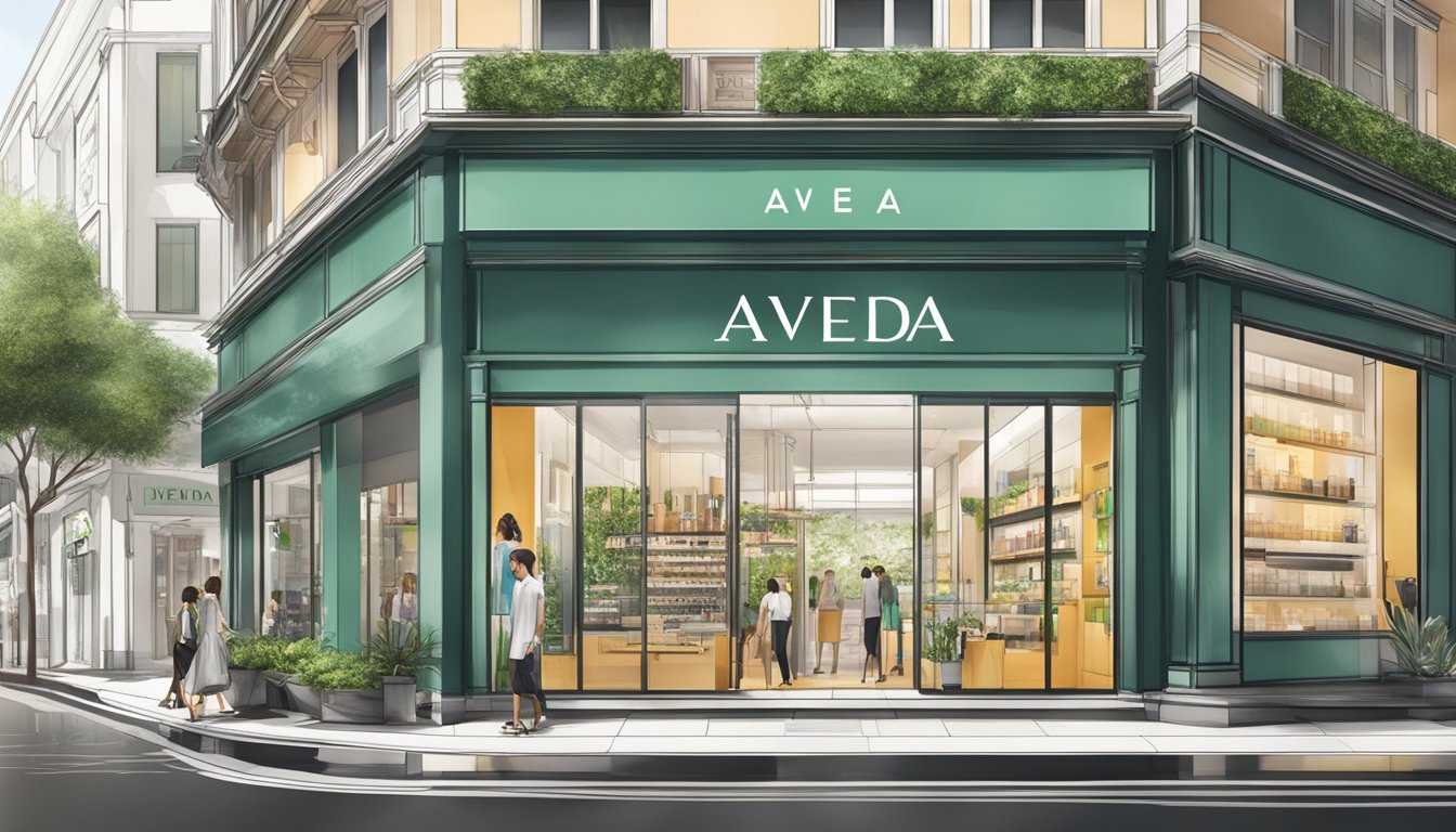 A bright, modern storefront with the Aveda logo in a bustling shopping district in Singapore