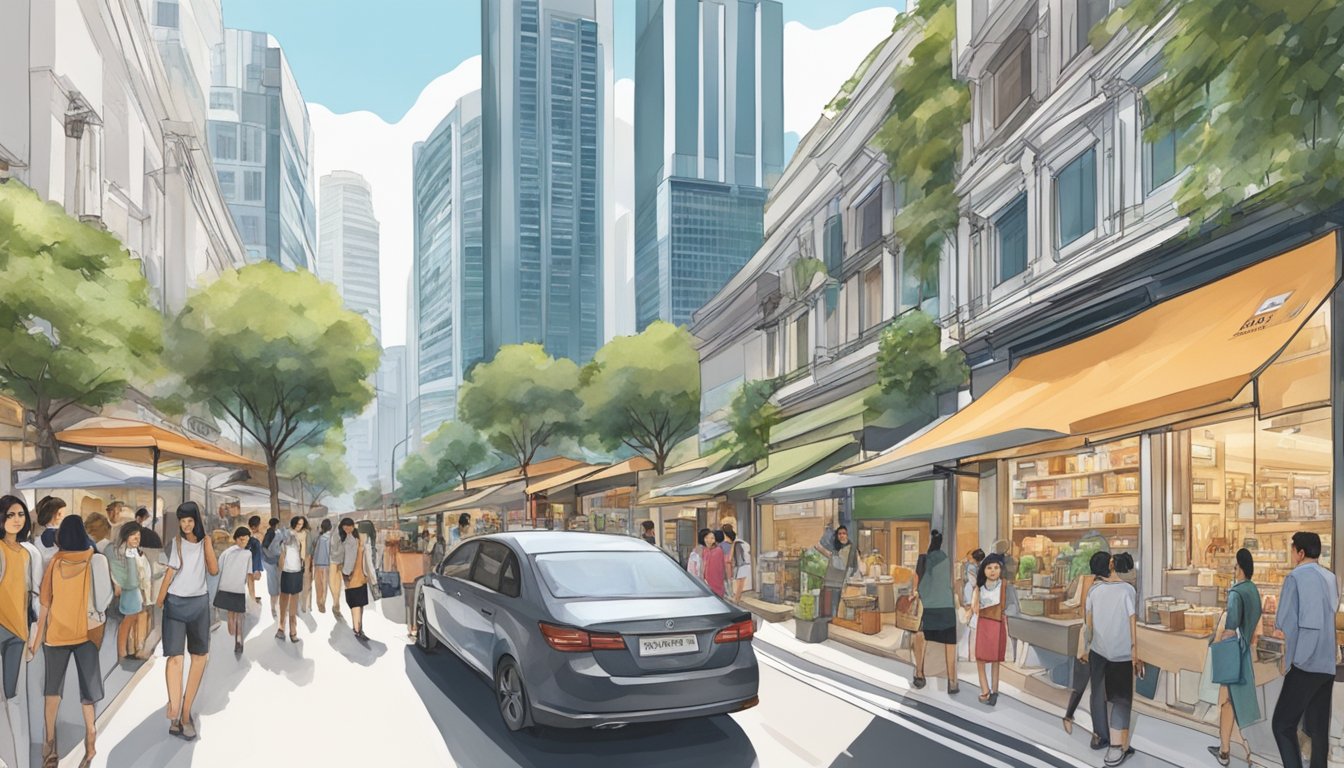 A busy Singapore street with a prominent Aveda store, surrounded by curious shoppers and bustling activity