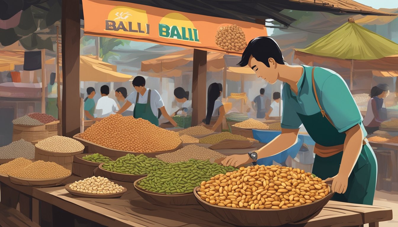A colorful street market stall sells Bali peanuts in Singapore. The vendor arranges bags of peanuts on a wooden table, with a sign advertising their price. The backdrop is a bustling market scene