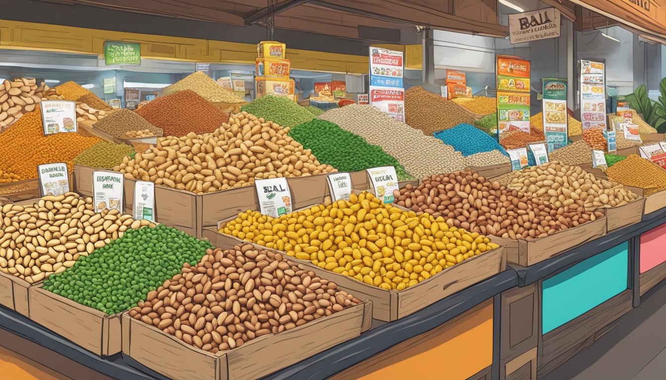 A colorful display of Bali peanuts at a Singapore market, with various packages and signs indicating where to buy the popular snack