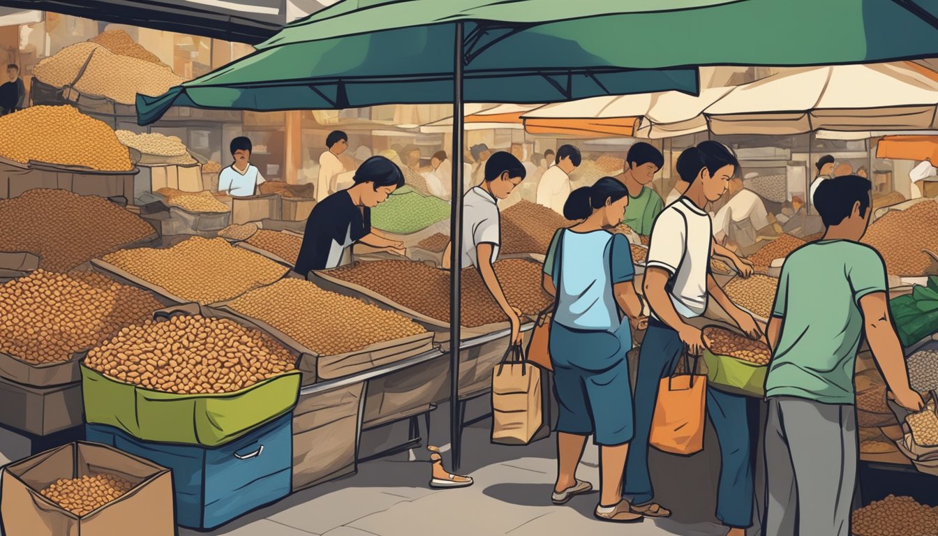 A bustling market stall displays bags of Bali peanuts in Singapore. Customers browse, while a vendor arranges the merchandise