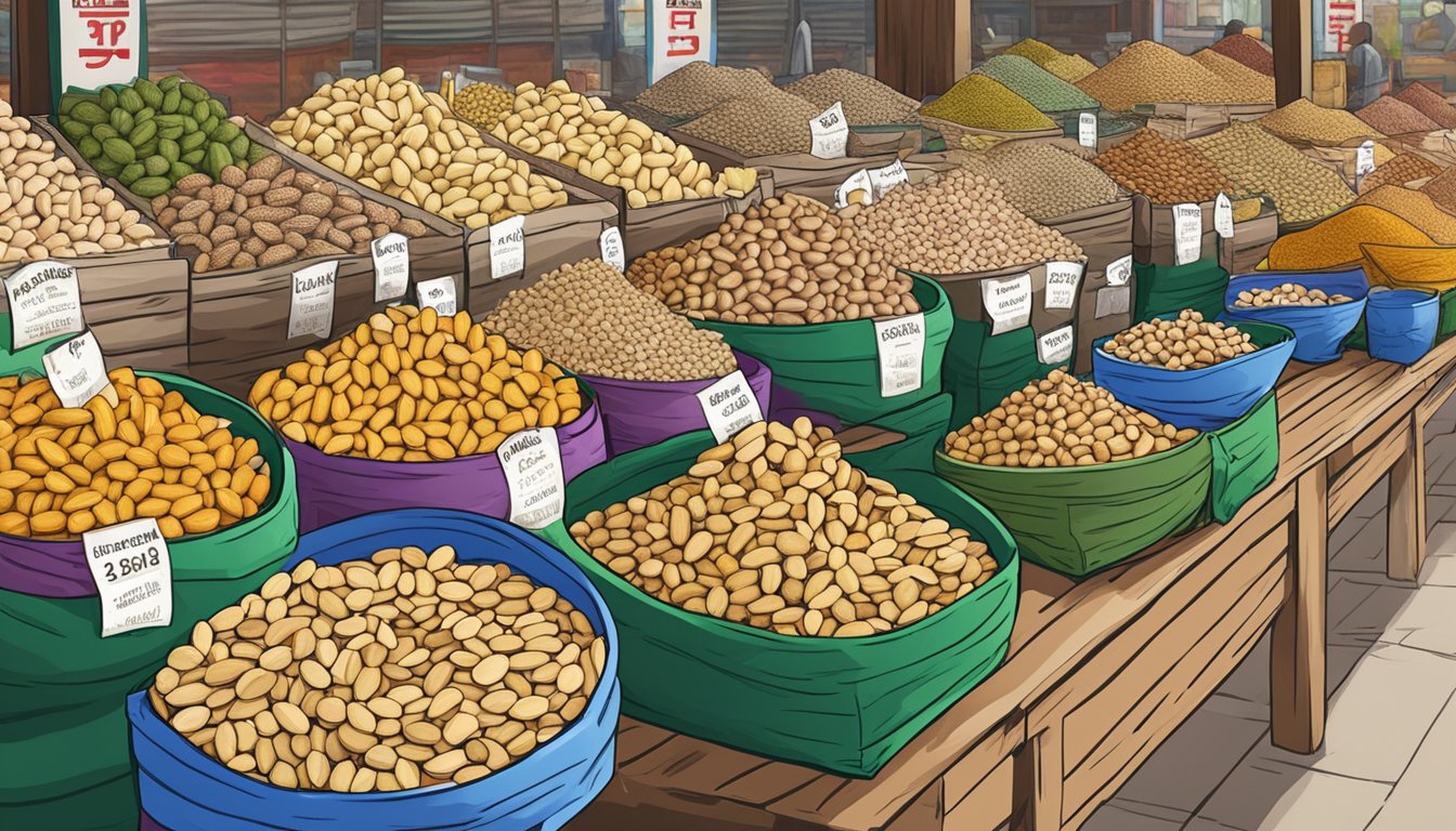 A display of Bali peanuts at a Singaporean market, with various packages and prices clearly labeled