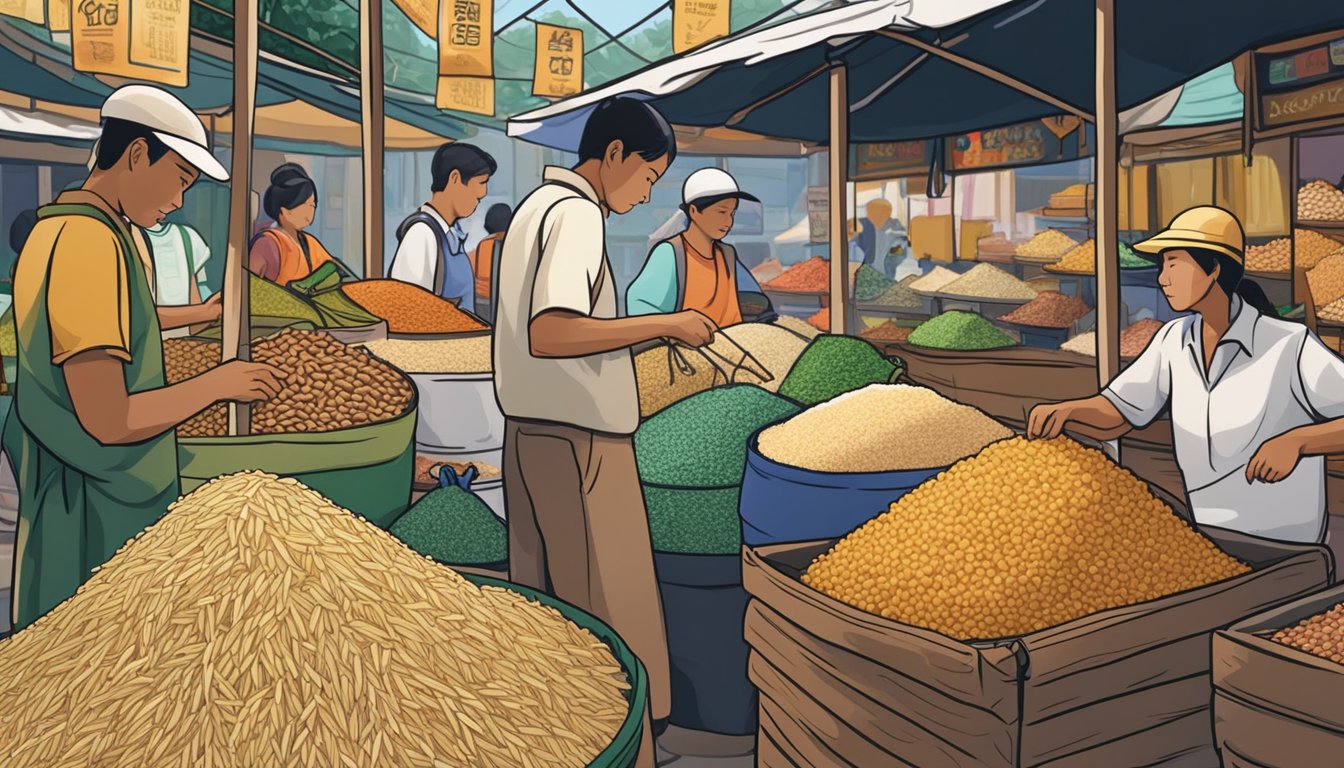 A bustling market stall displays bags of fragrant basmati rice in Singapore. Shoppers peruse the selection, while a vendor arranges the grains