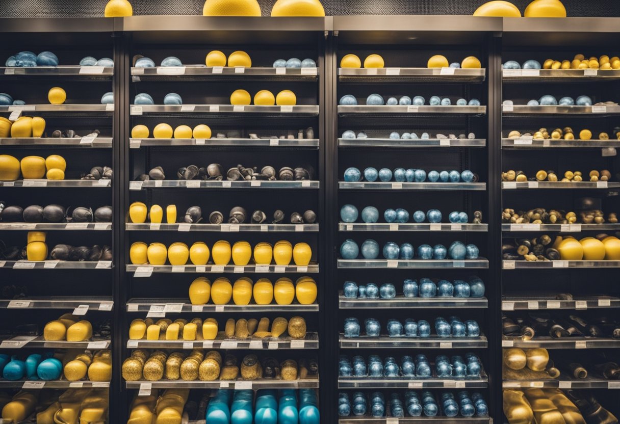 A store shelf displays various water aerobics weights for sale