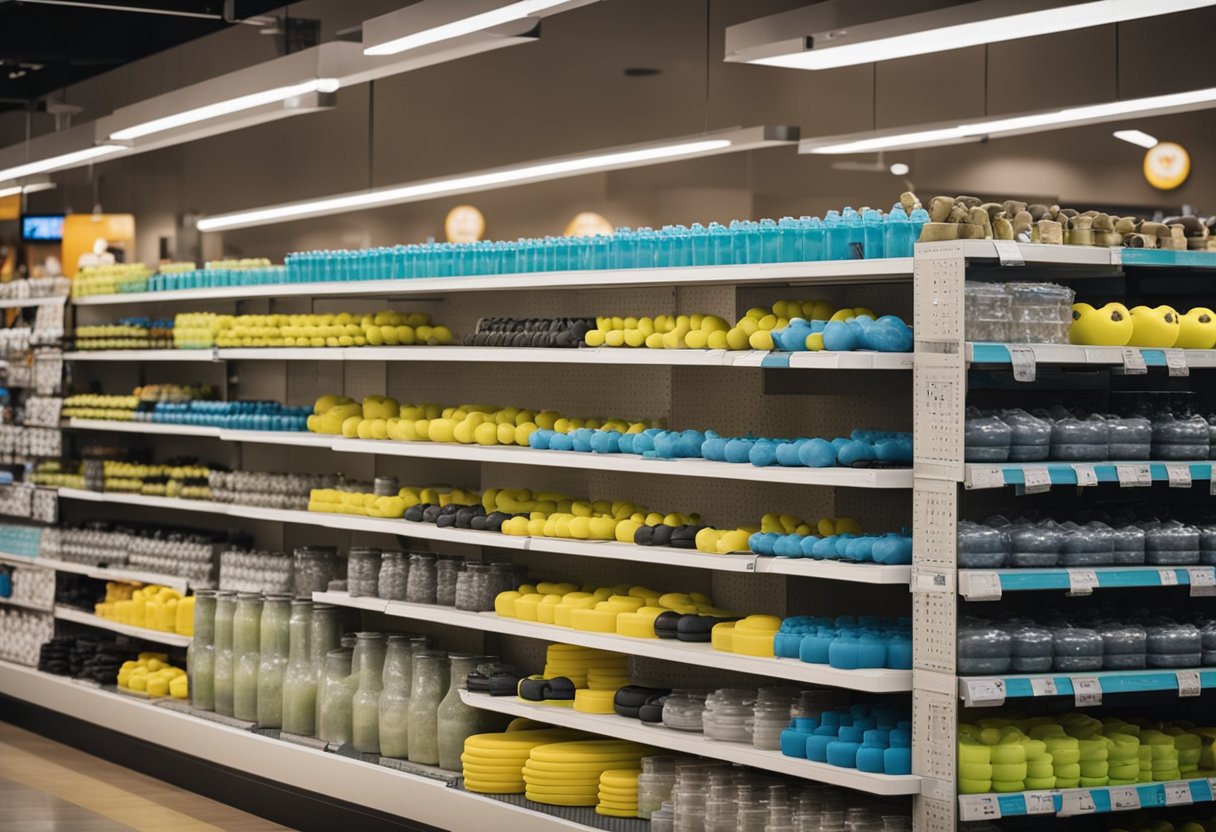 A bustling sporting goods store displays shelves of water aerobics weights in various sizes and colors, with customers browsing and purchasing items