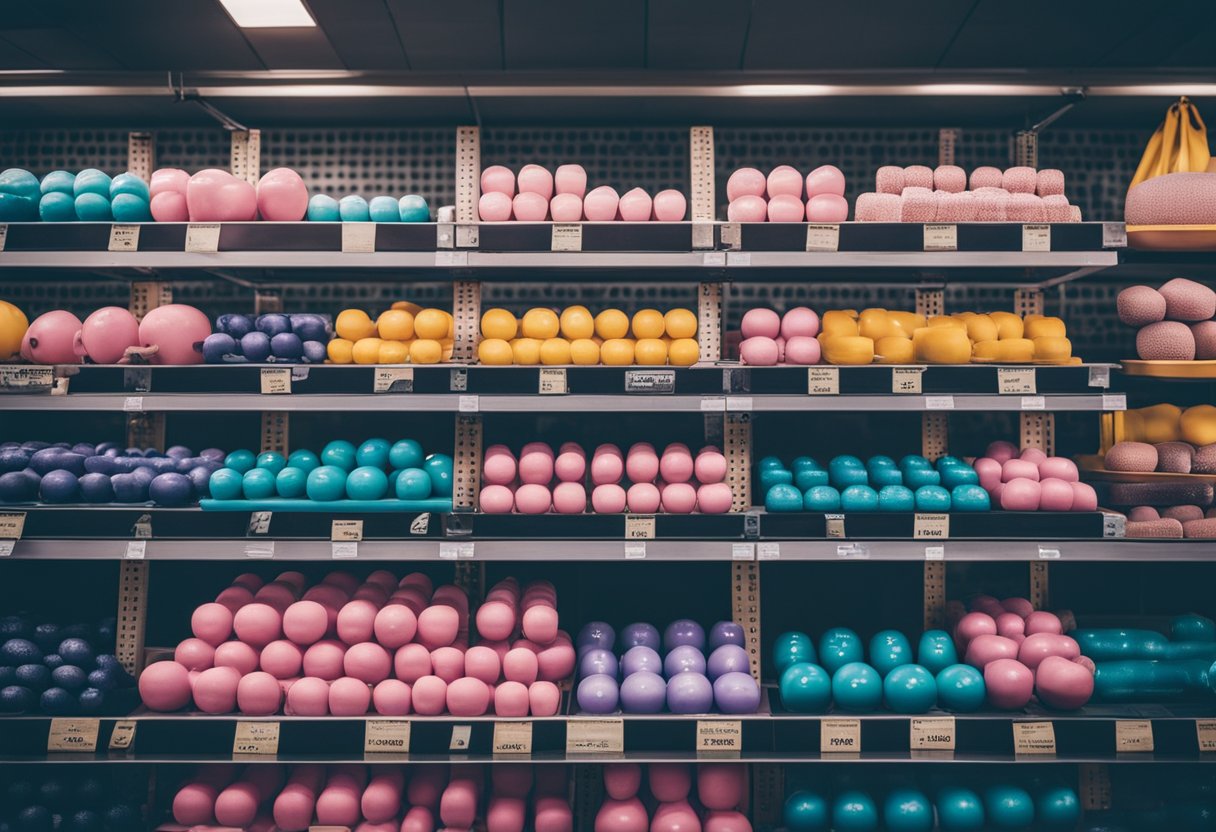 A department store shelves display water aerobics weights near the fitness section