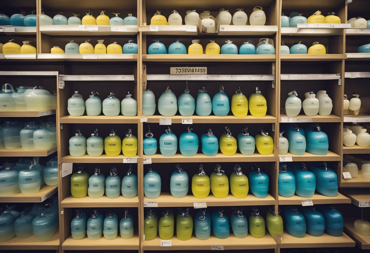 A variety of water aerobics weights are displayed on shelves at a second-hand store, with price tags and signs indicating different options