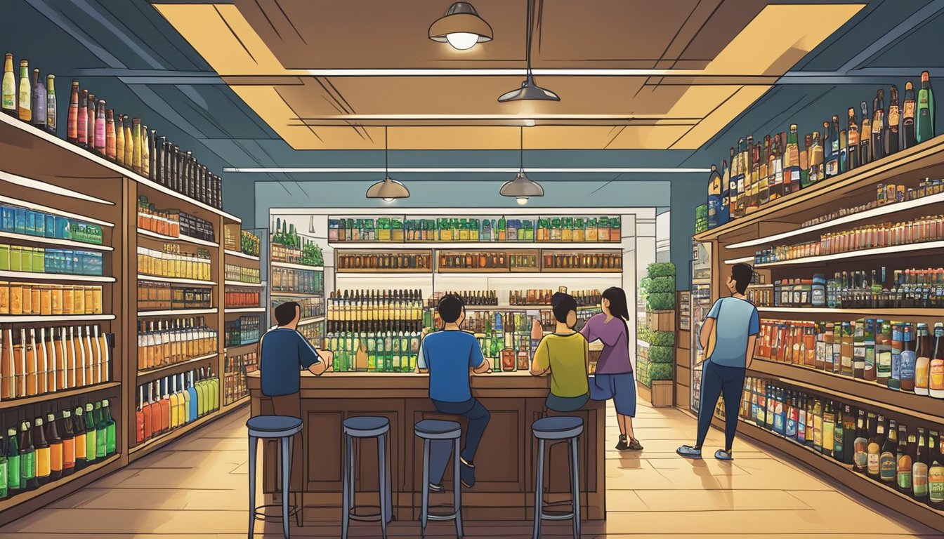 A bustling beer store in Singapore, shelves lined with a colorful array of craft brews from around the world. Customers browse and chat with knowledgeable staff, creating a lively atmosphere