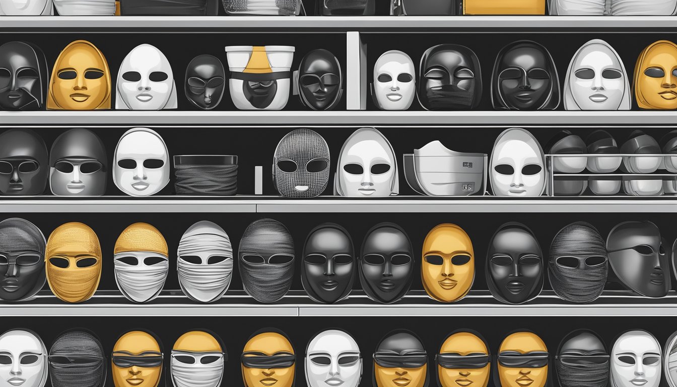 A display of various black face masks on shelves in a Singapore store