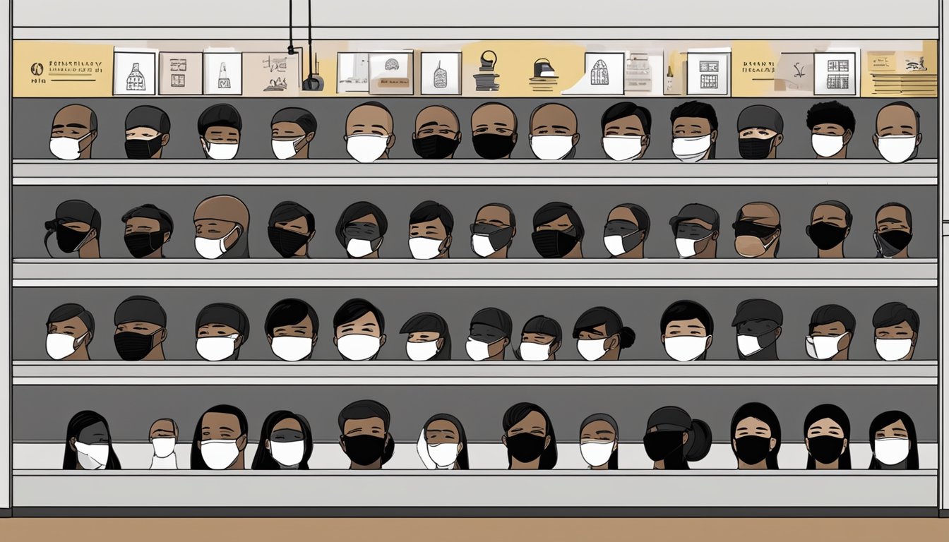 A display of black face masks in a Singapore store, with a sign reading "Frequently Asked Questions: where to buy black face mask in Singapore."