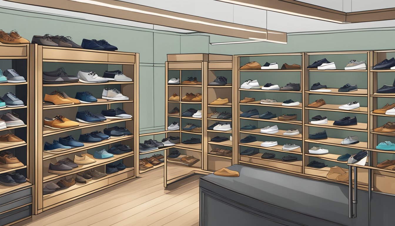 A display of boat shoes in a Singaporean shoe store, with various styles and colors showcased on shelves and racks