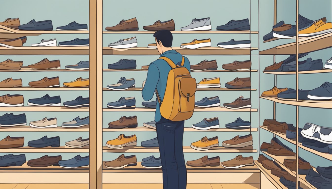 A customer browsing through rows of boat shoes at a trendy store in Singapore, carefully examining the quality and style of each pair