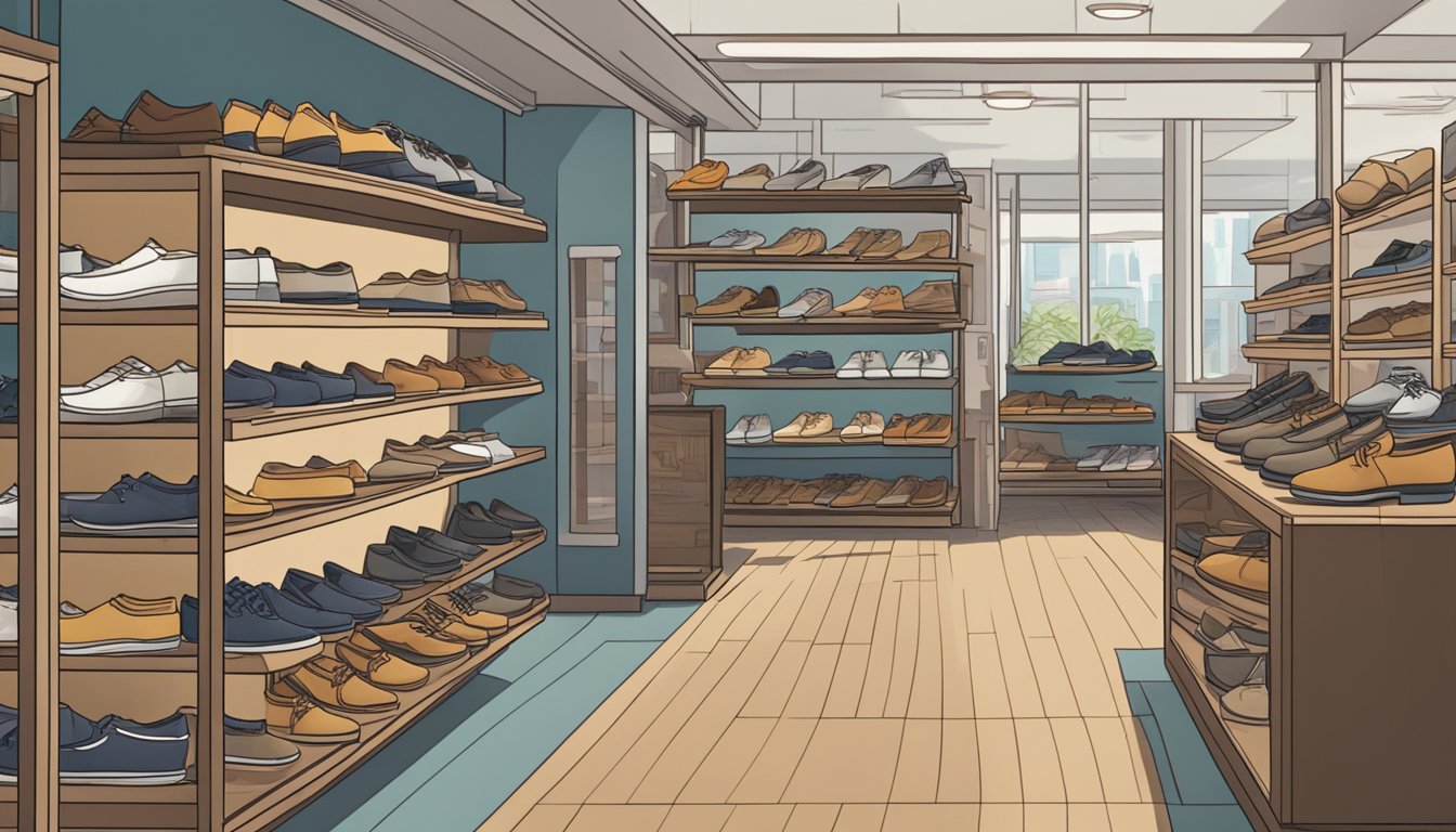 A display of boat shoes in a Singapore store, with shelves neatly organized and a sign reading "Frequently Asked Questions: where to buy boat shoes in Singapore."