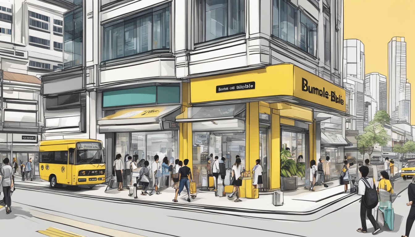 A bustling cityscape in Singapore with prominent signage for "Bumble and Bumble" at a sleek, modern storefront. Pedestrians and traffic pass by in the foreground