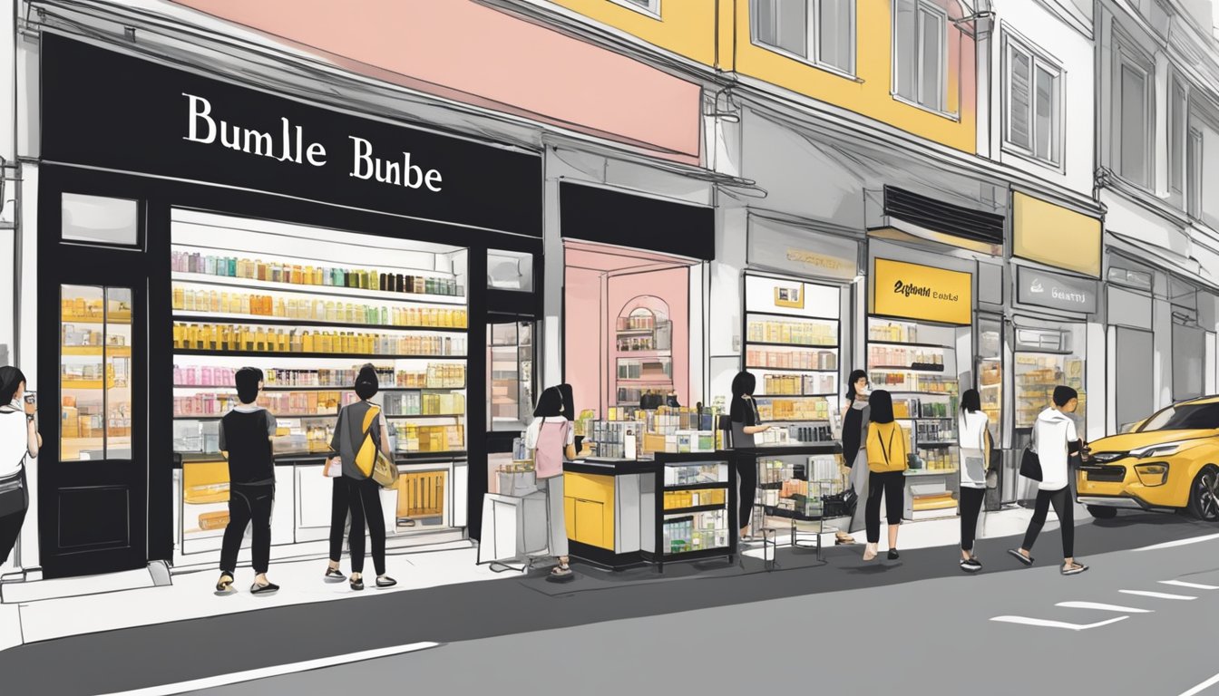 A busy Singapore street with a prominent beauty store displaying Bumble and Bumble products. Shoppers inquire about the brand at the counter