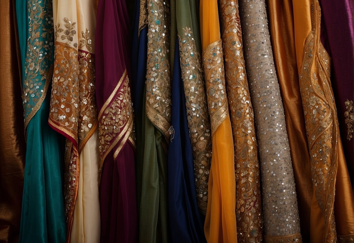 A luxurious display of Georgette and Silk Sequin sarees, draped elegantly with intricate designs and shimmering embellishments. Rich colors and delicate textures create a captivating contrast, inviting the viewer to appreciate the beauty of traditional Indian attire