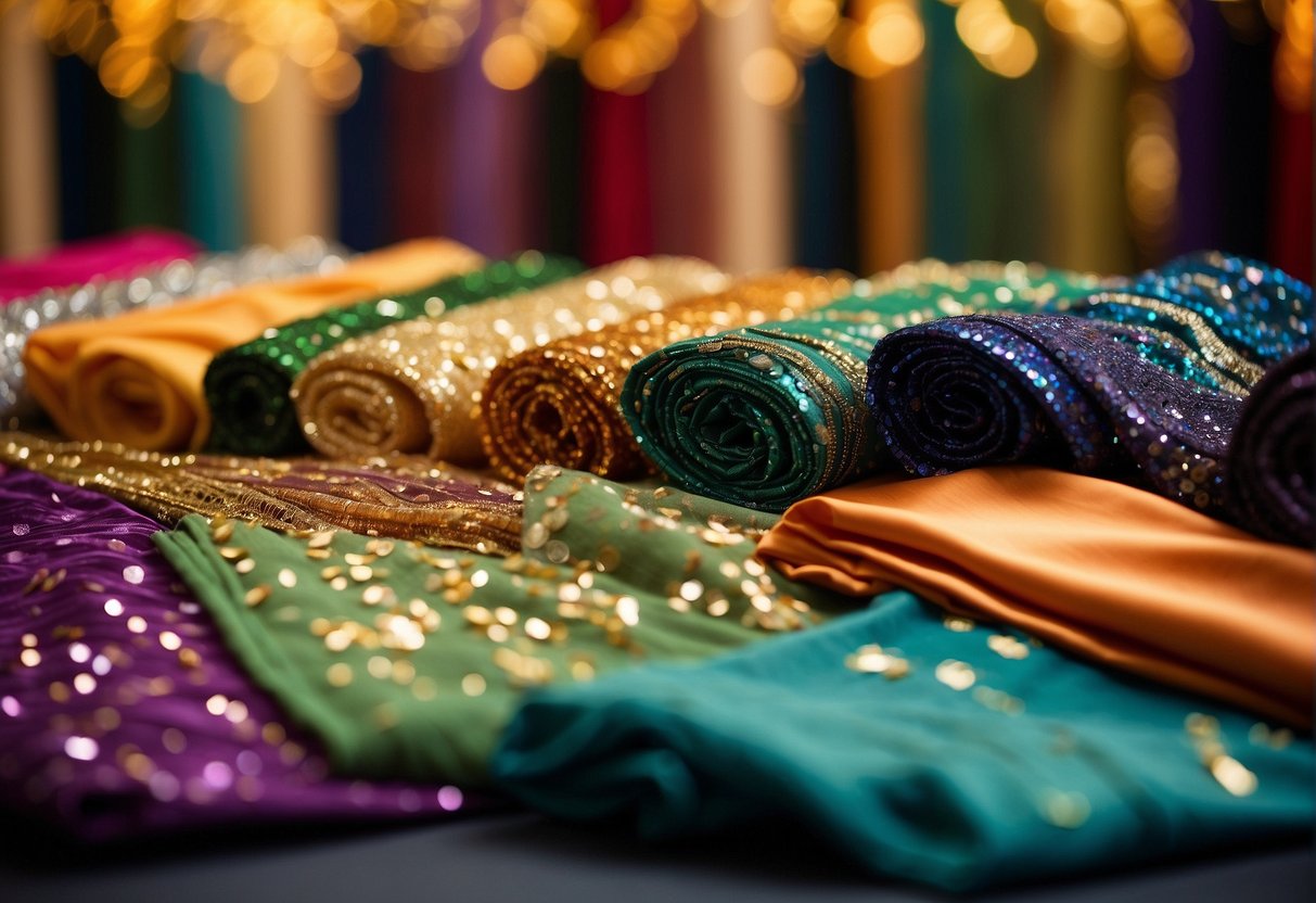 A table displaying georgette and silk sequin sarees, showcasing their unique textures and elegant drape. Light reflects off the sequins, adding a touch of glamour to the scene