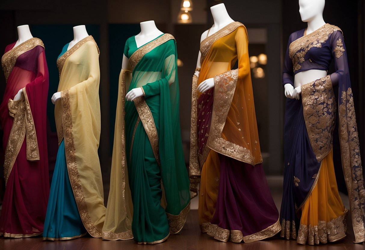 A display of georgette and silk sequin sarees, showcasing their elegance and intricacy. Rich colors and delicate embroidery stand out, drawing attention to the beauty of these traditional garments