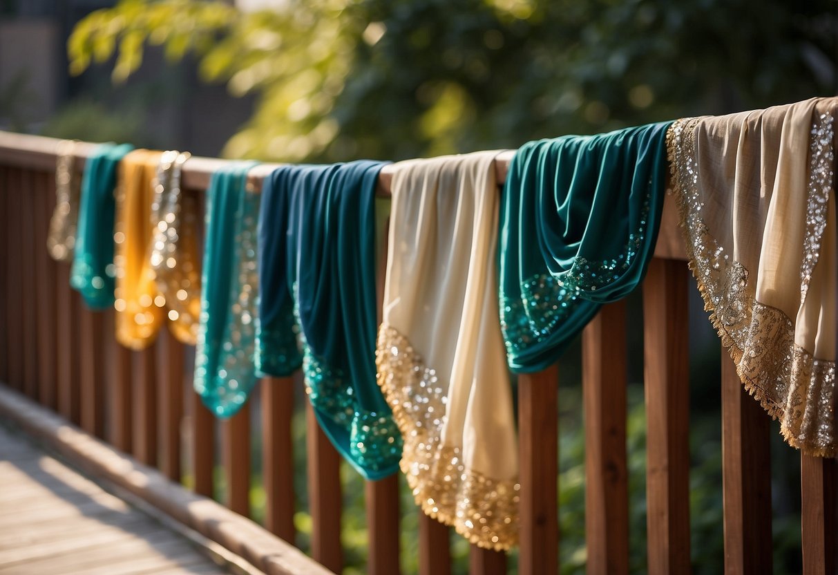 A sunny garden with a gentle breeze, showcasing chiffon and velvet sequin sarees in vibrant colors, draped over a rustic wooden railing, with flowers in the background