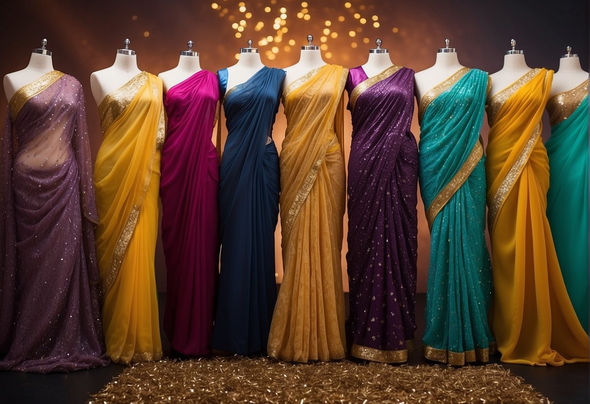 A vibrant display of chiffon and velvet sequin sarees in various colors and patterns, set against a backdrop of changing seasons