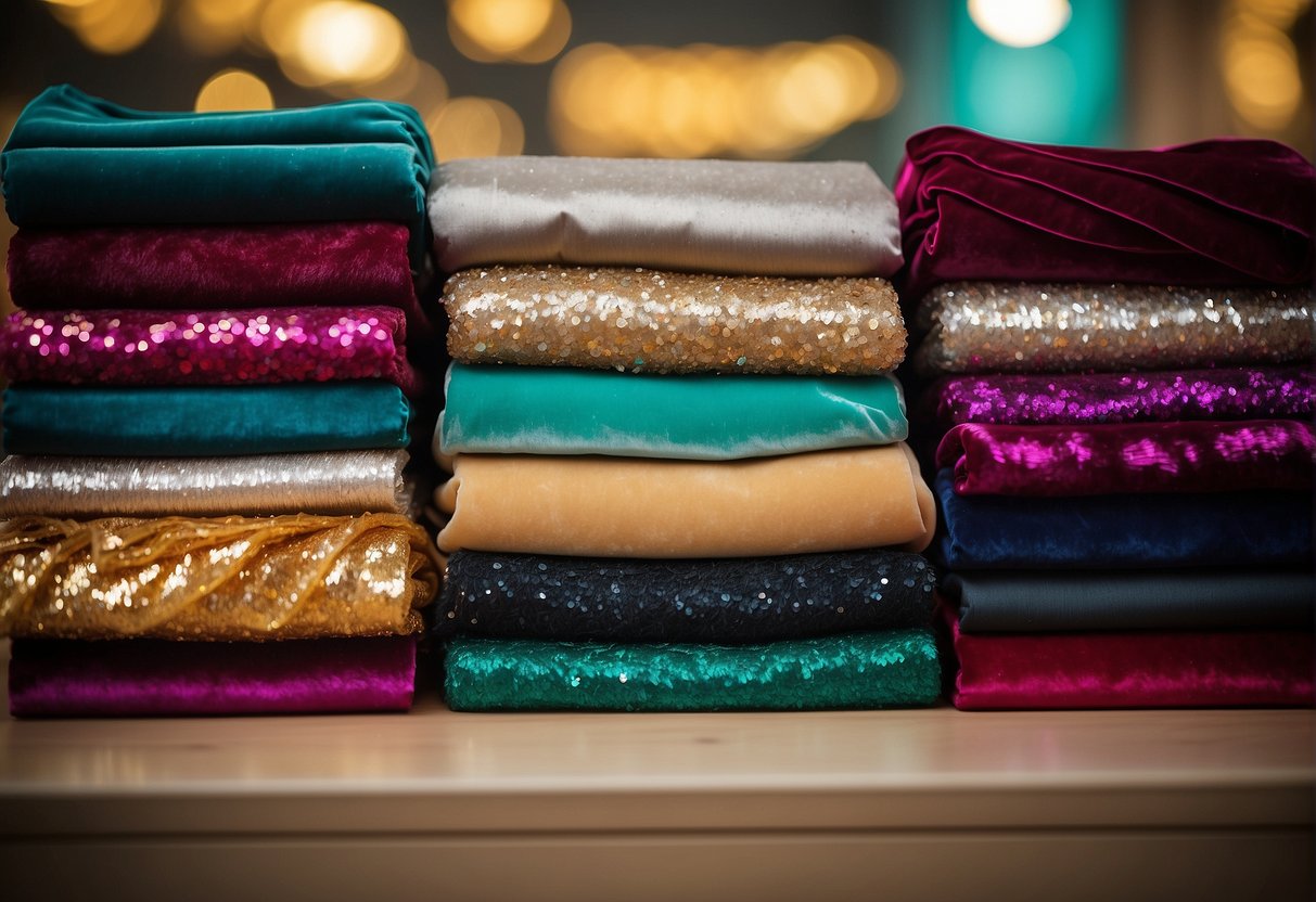 A colorful stack of chiffon and velvet sequin sarees, arranged in a beautiful display, with a variety of textures and patterns, perfect for any season