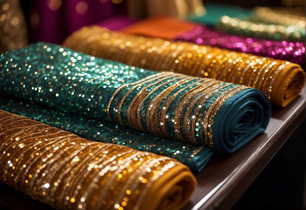 A table displaying heavy and minimalist sequin sarees, contrasting textures and designs, with soft lighting highlighting the shimmer and intricate details