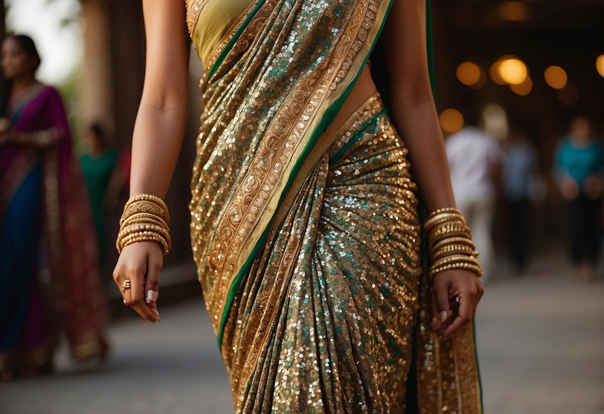 A border of intricate abstract patterns adorns a sequin saree, exuding elegance and sophistication. The material shimmers with a luxurious sheen, captivating the eye with its artistry