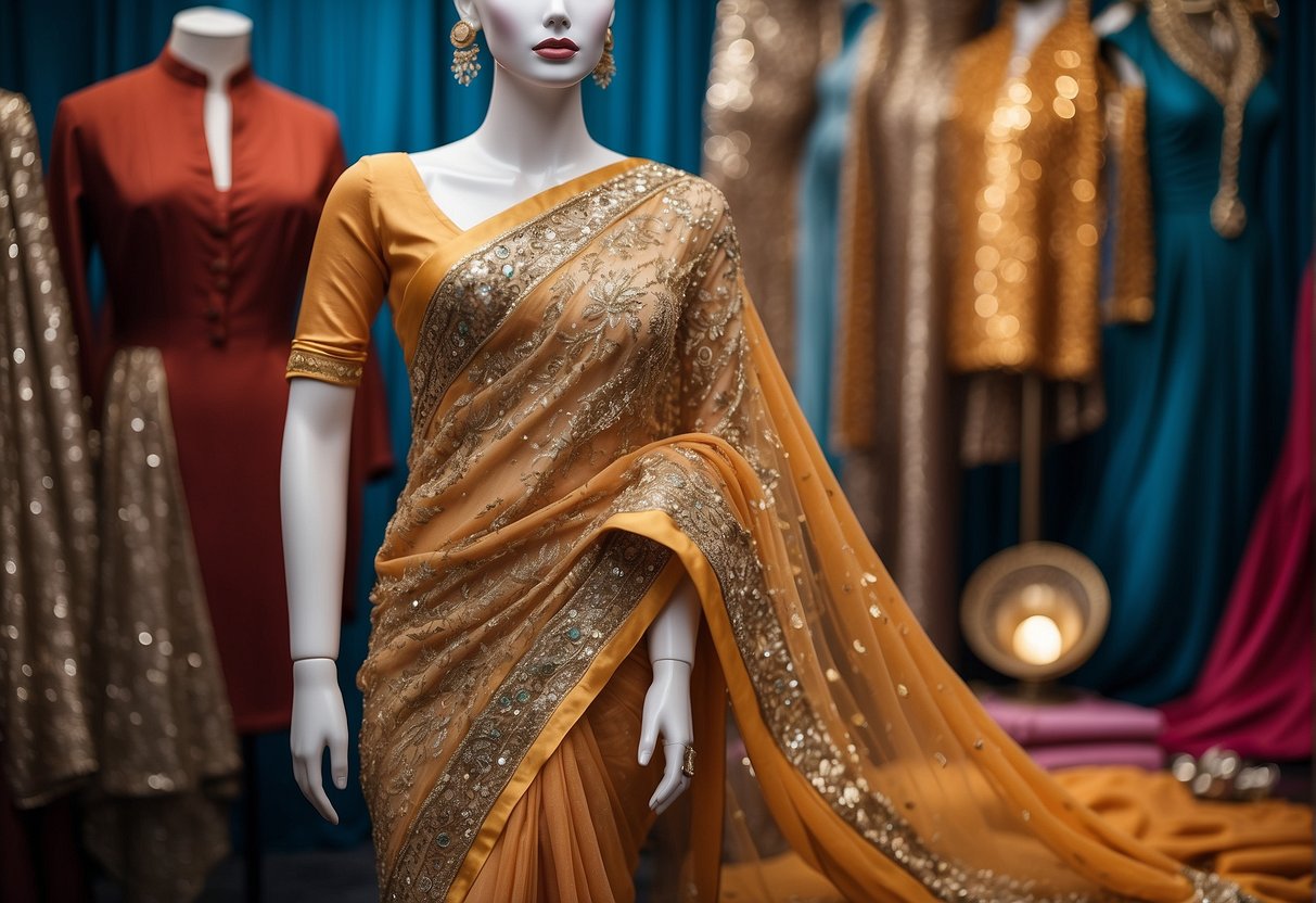 A border and abstract pattern sequin saree draped over a mannequin, surrounded by elegant accessories and styling tools