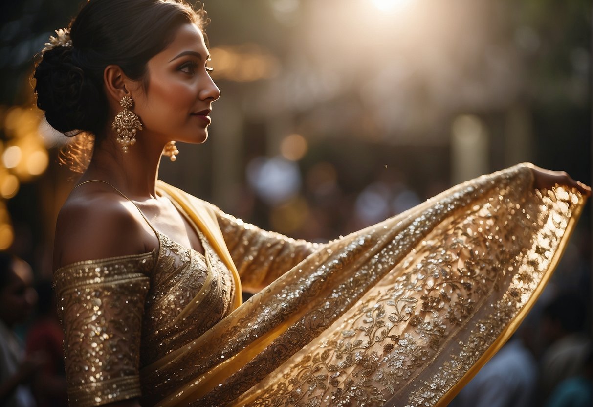 A bride holds up a shimmering sequin saree, surrounded by wedding bells and floral decorations. The saree glimmers in the light, showcasing its intricate design and elegant beauty