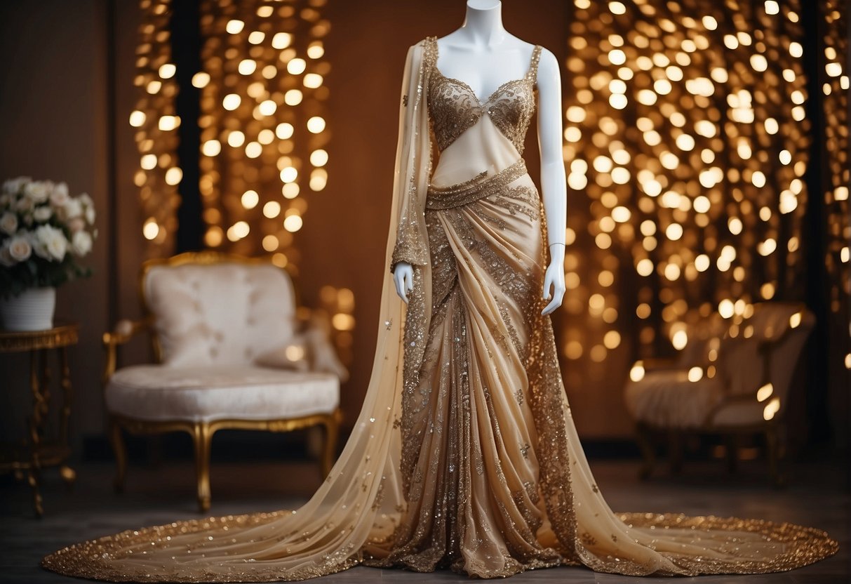 A sparkling sequin saree draped over a mannequin, adorned with delicate wedding accessories and shimmering jewelry