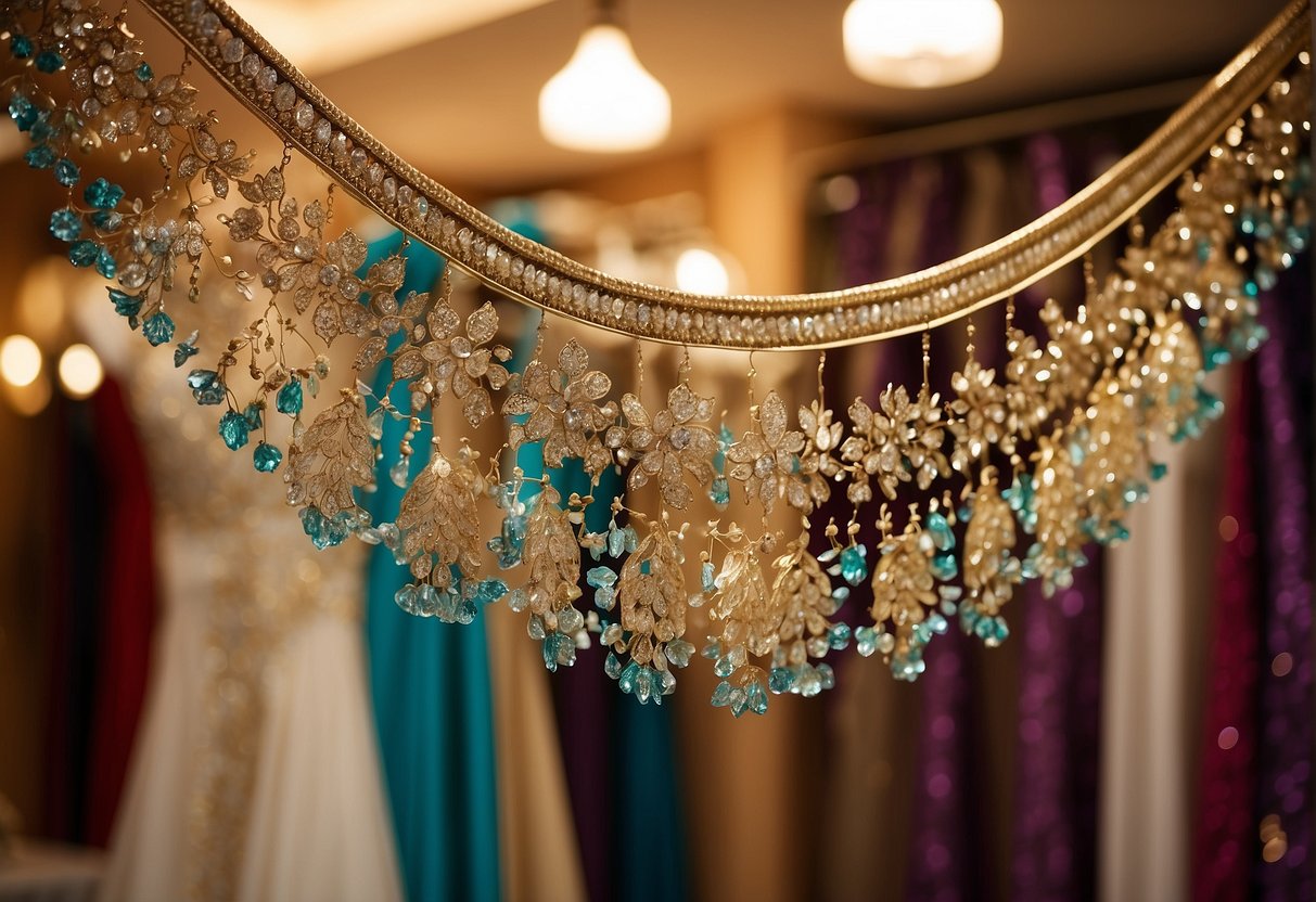 A sparkling sequin saree hangs on a hanger, surrounded by wedding bells and floral decorations