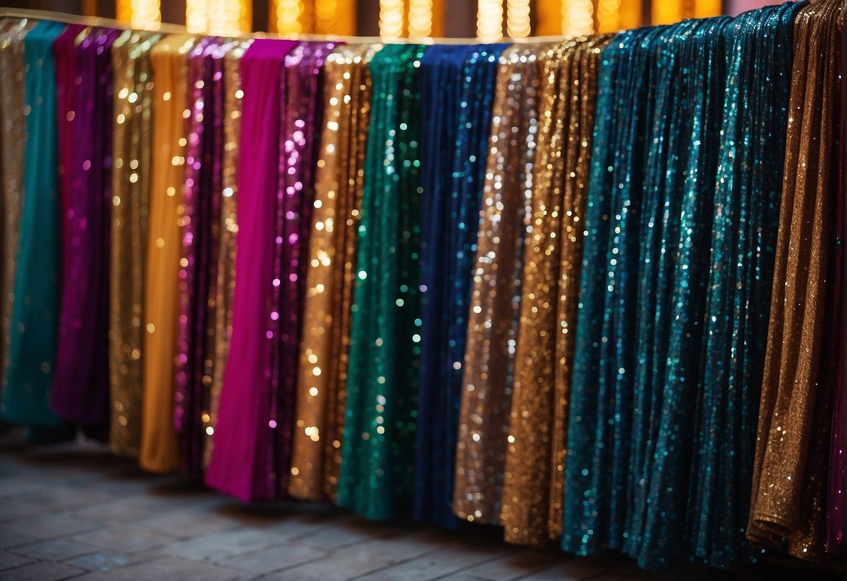 A vibrant array of sequin sarees displayed at a festive market, catching the light and shimmering in a dazzling array of colors and patterns