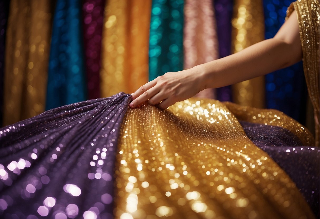 A hand reaches for a shimmering sequin saree, displayed among a variety of colorful options in a festive setting
