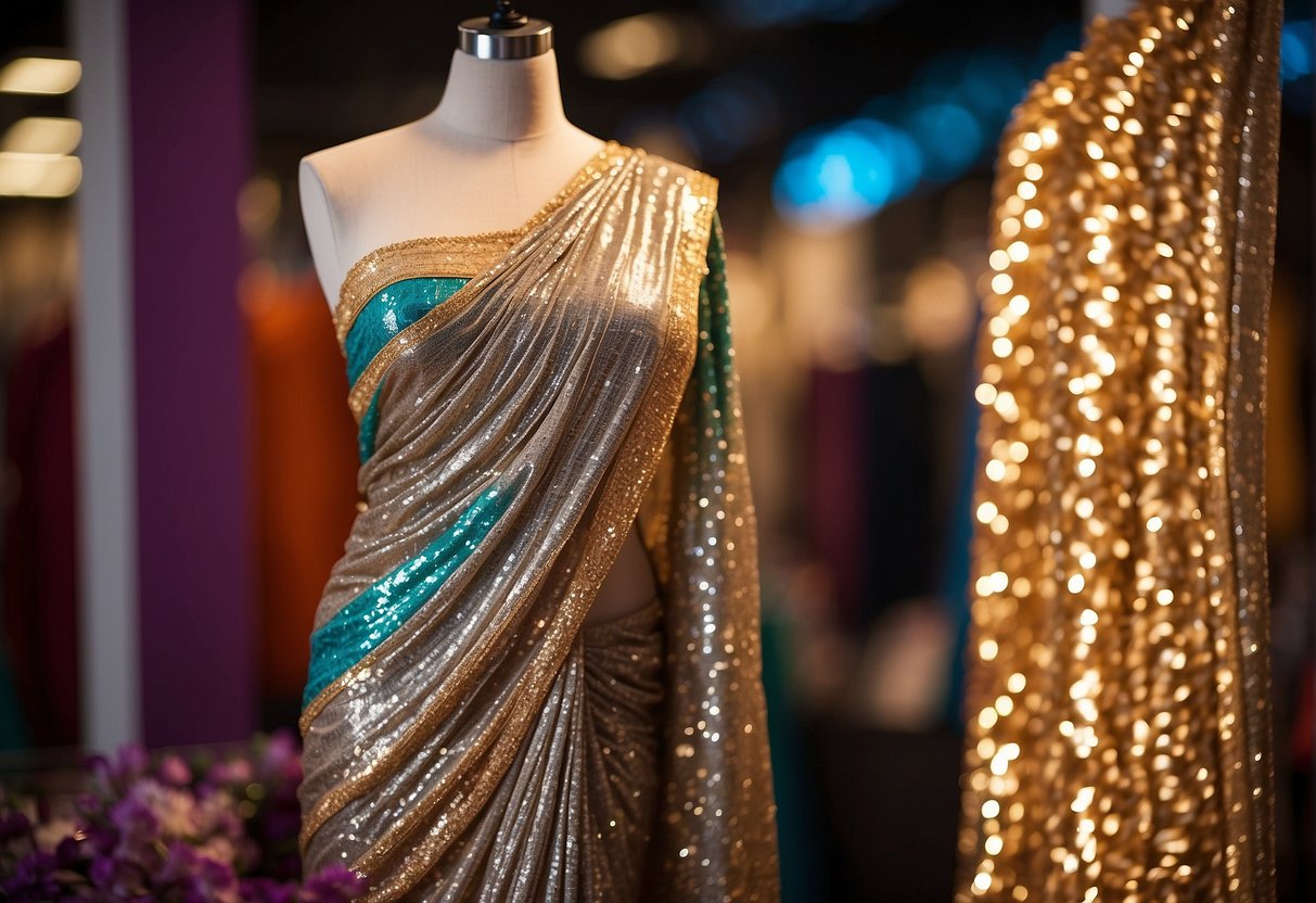 A sequin saree draped elegantly on a mannequin, with matching accessories displayed nearby. Bright lights and festive decorations in the background