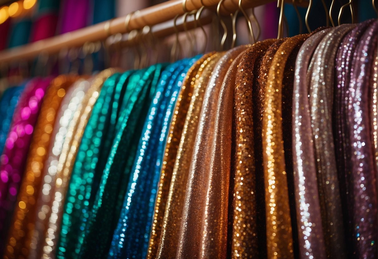 A colorful array of sequin sarees displayed at a festive market, with vibrant lights and lively music in the background