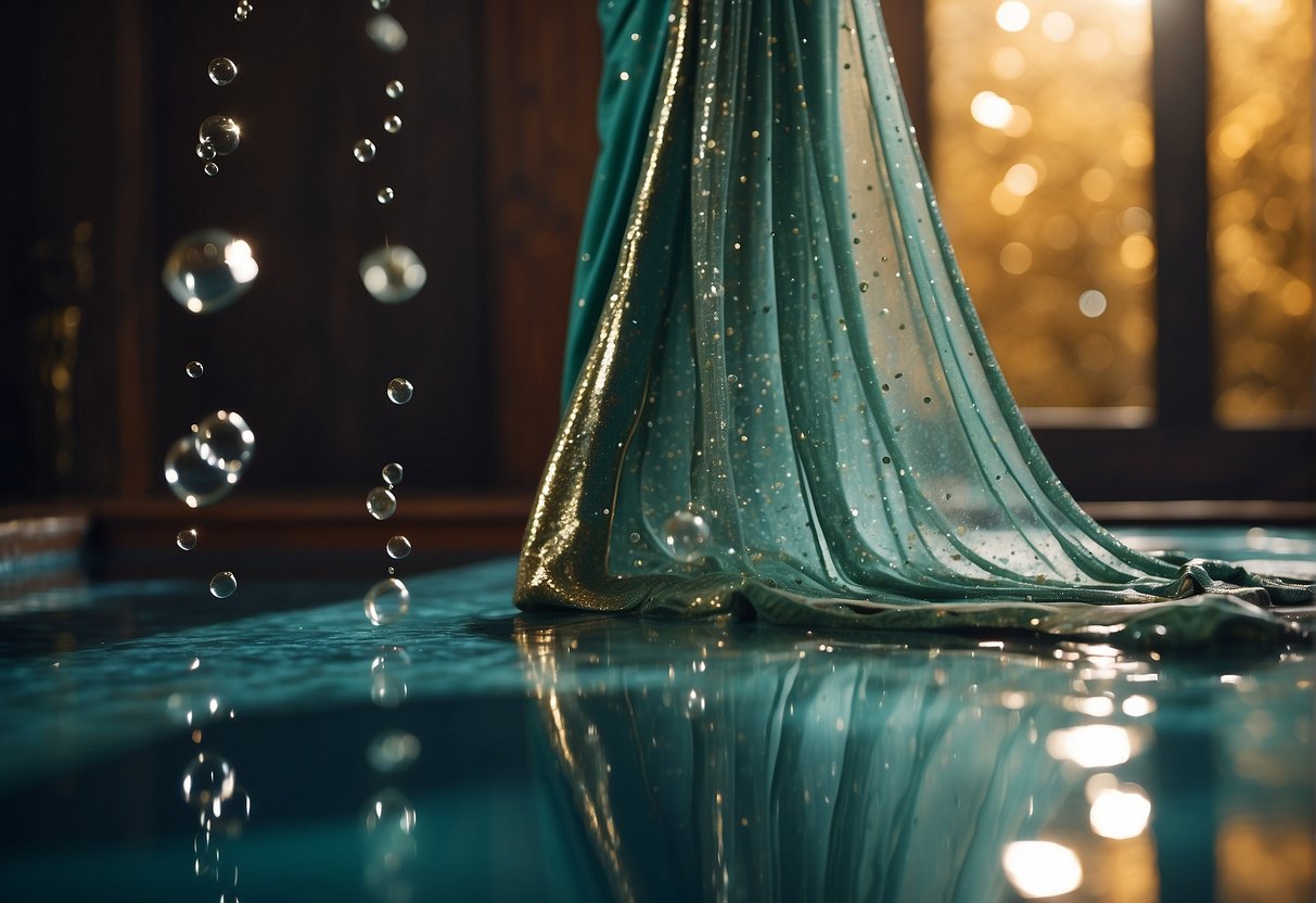 A sparkling sequin saree being gently washed in soapy water, with delicate bubbles and shimmering reflections