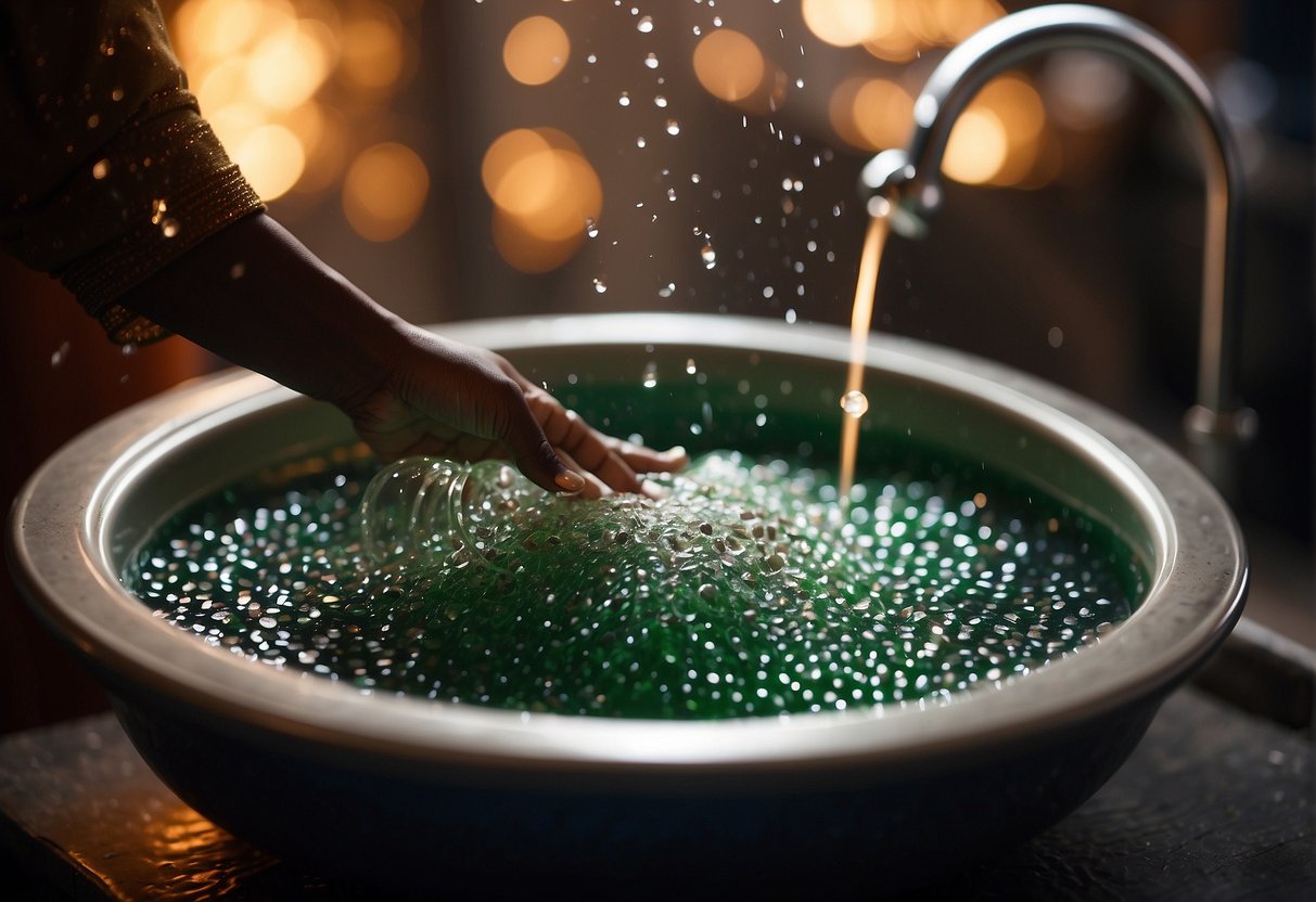 A sparkling sequin saree being delicately hand washed in a basin of soapy water, with gentle movements to preserve its shimmering beauty