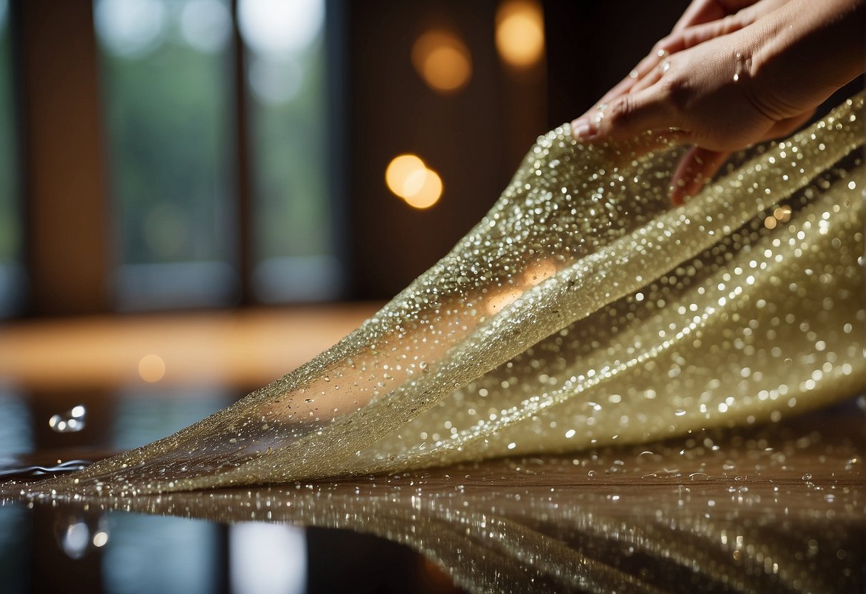 A sparkling sequin saree being gently washed in soapy water, with bubbles and shimmering reflections