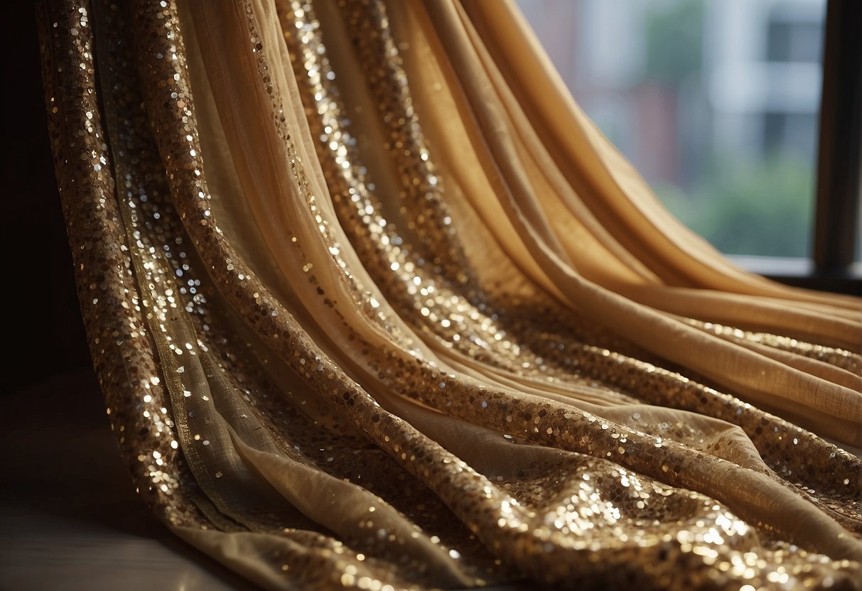 A sequin saree is laid flat on a clean surface. A gentle breeze blows through an open window, causing the saree to flutter and dry evenly