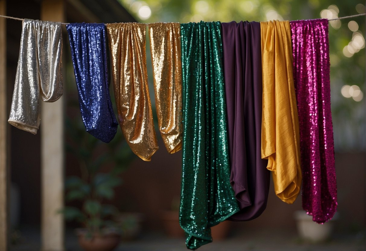 A sequin saree hangs on a clothesline, being gently ironed, and then neatly folded and stored in a closet