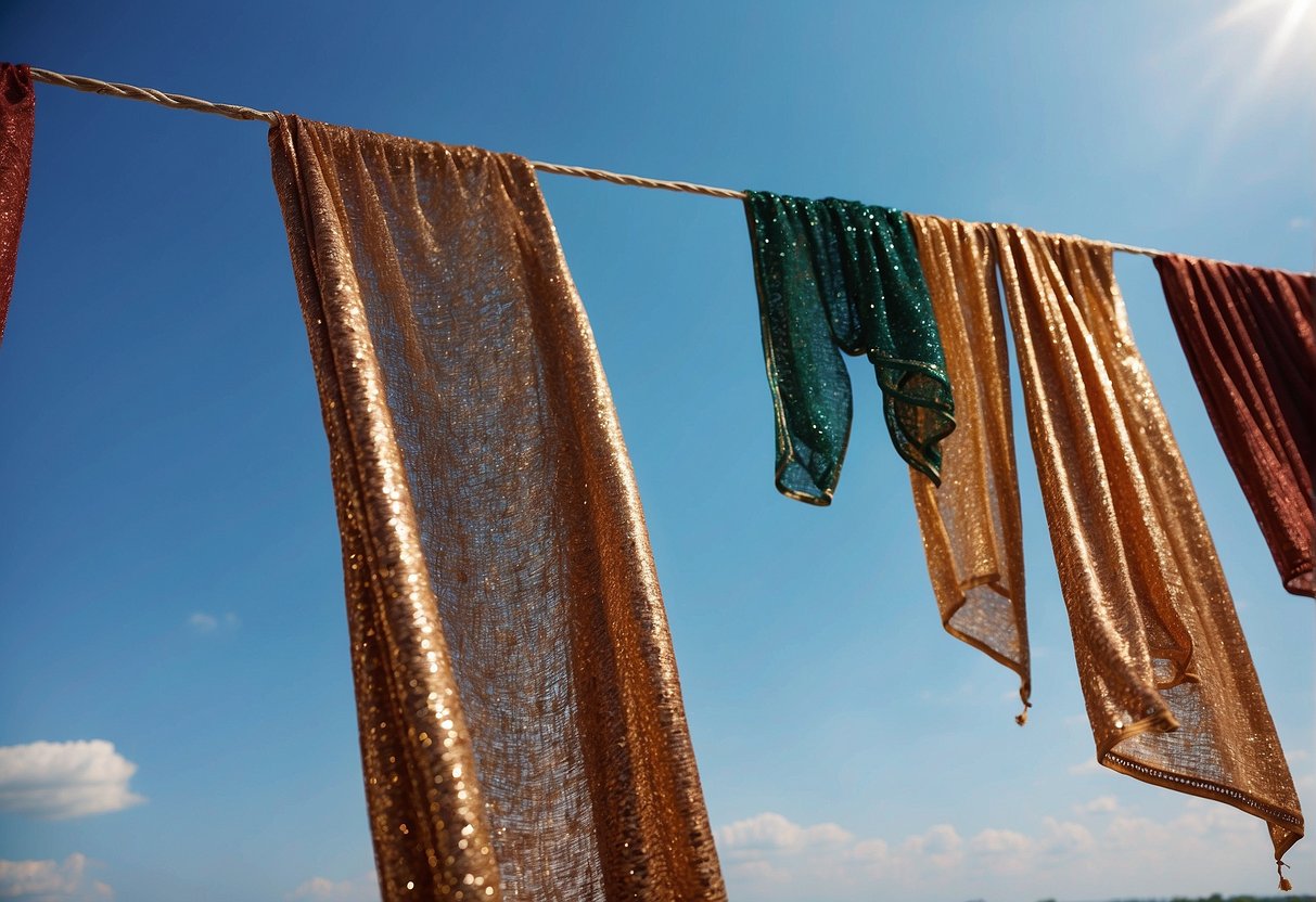 A sequin saree draped over a clothesline, gently swaying in the breeze. A sunny day with clear blue skies in the background