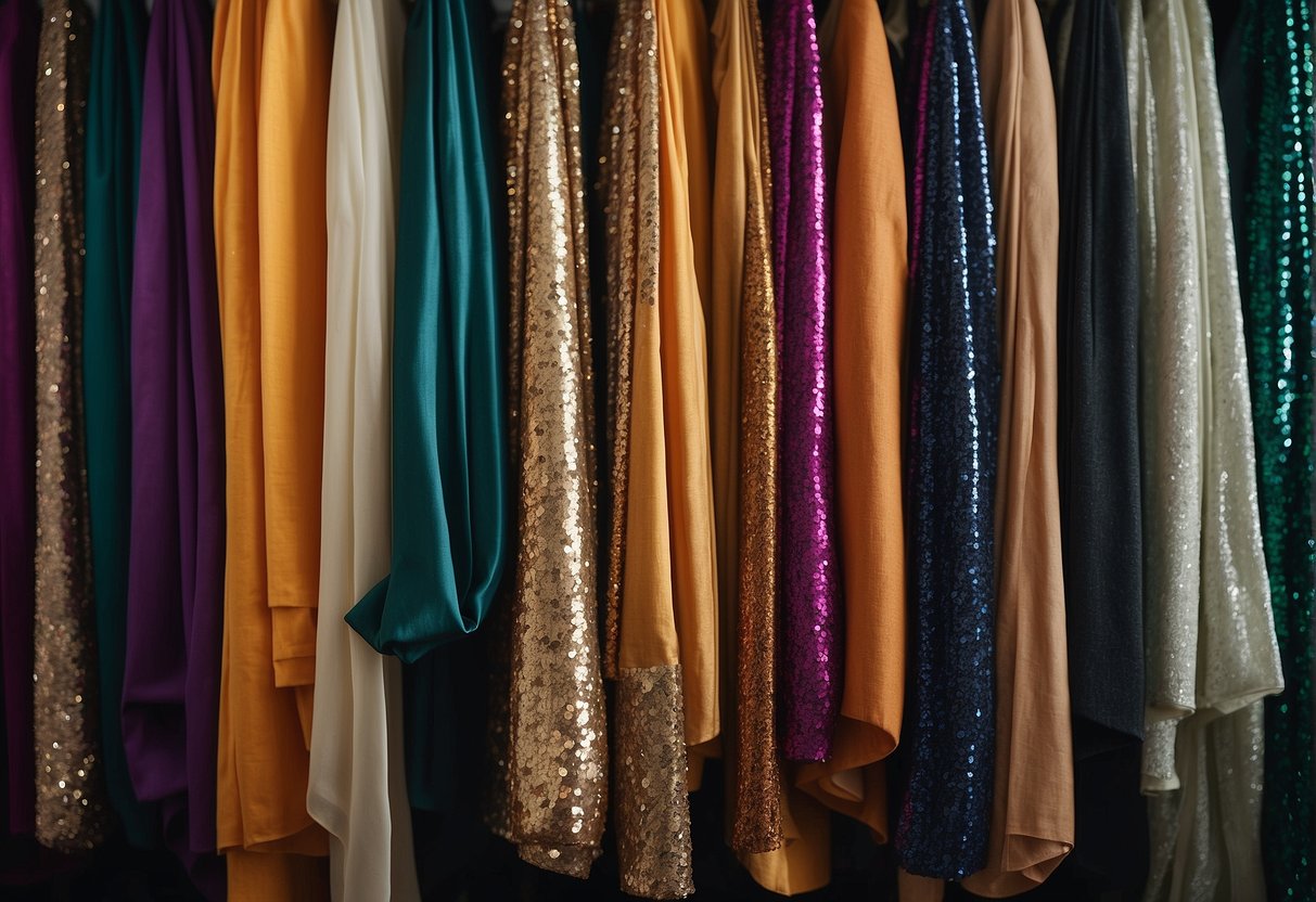 A closet with shelves and hangers filled with colorful sequin sarees, neatly folded or hung for optimal storage