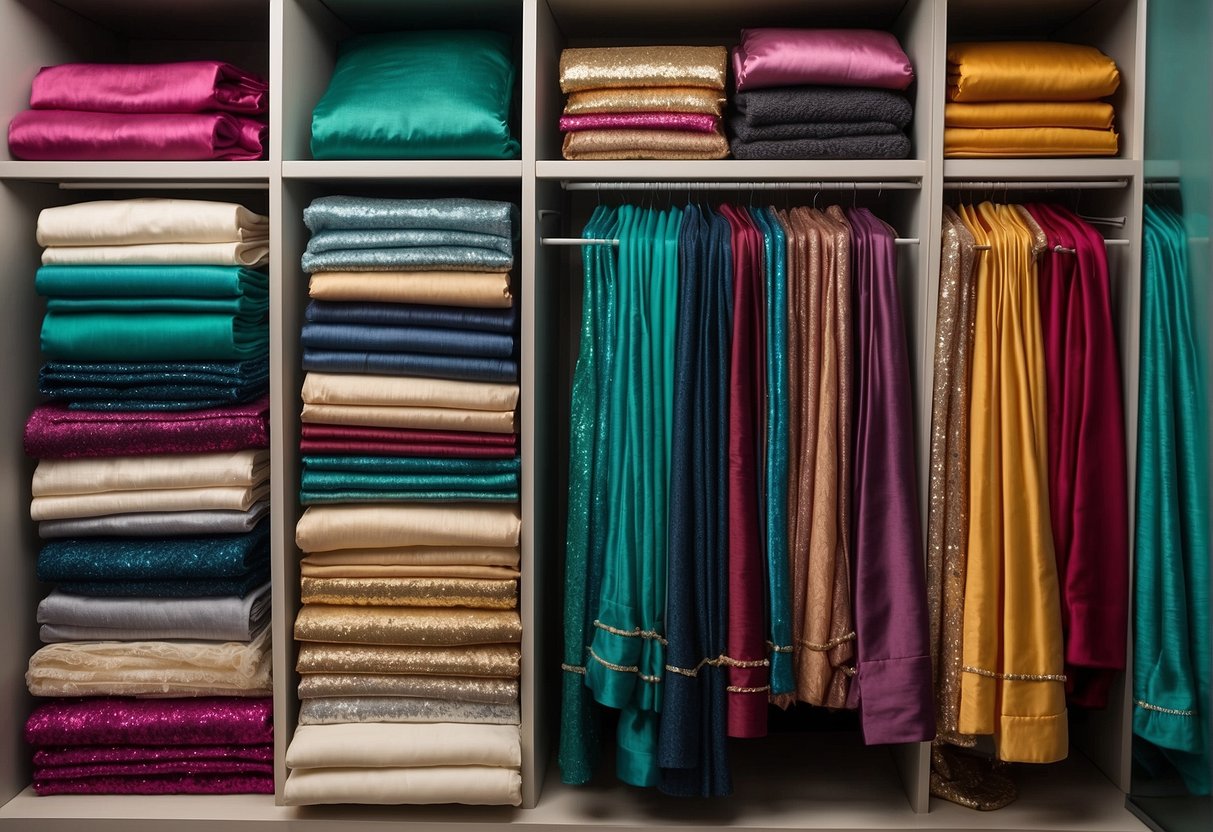 A closet with neatly organized shelves and hangers holding sequin sarees. Folded sarees are stacked in clear storage bins. Labels indicate the type of saree and storage method