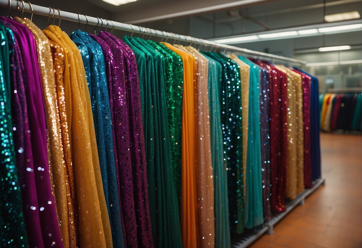 Colorful sequin sarees neatly hung on a sturdy, organized rack. Folded sarees neatly stacked in labeled bins or shelves