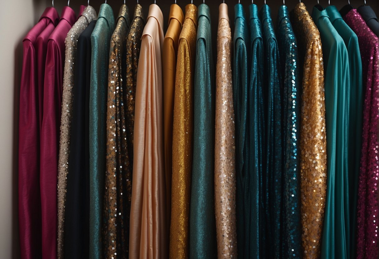 A closet shelf with neatly folded sequin sarees and hangers with sequin sarees hanging, labeled "FAQ: Hang or Fold."