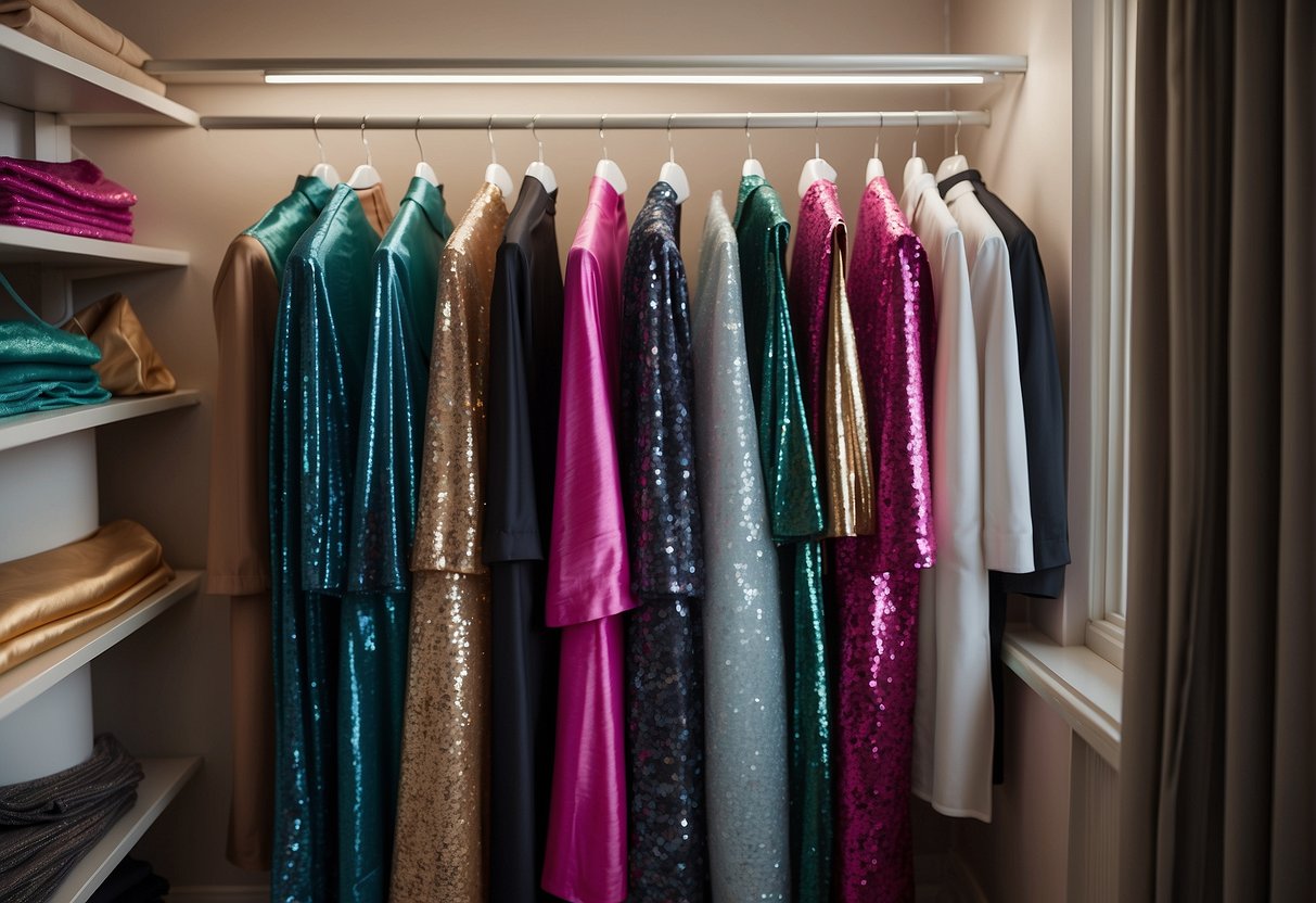 A closet with shelves lined with clear garment bags. Each bag contains neatly folded sequin sarees, with tissue paper between layers to prevent color transfer