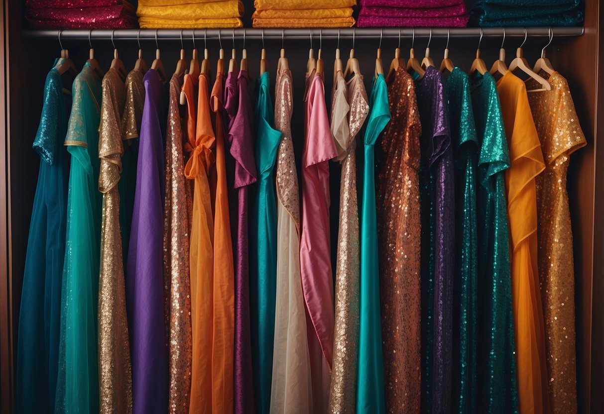 A closet with separate compartments for sequin sarees, each wrapped in acid-free tissue paper to prevent color transfer