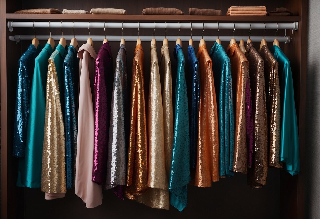 A closet with neatly folded sequin sarees on hangers, separated by protective covers to prevent color transfer